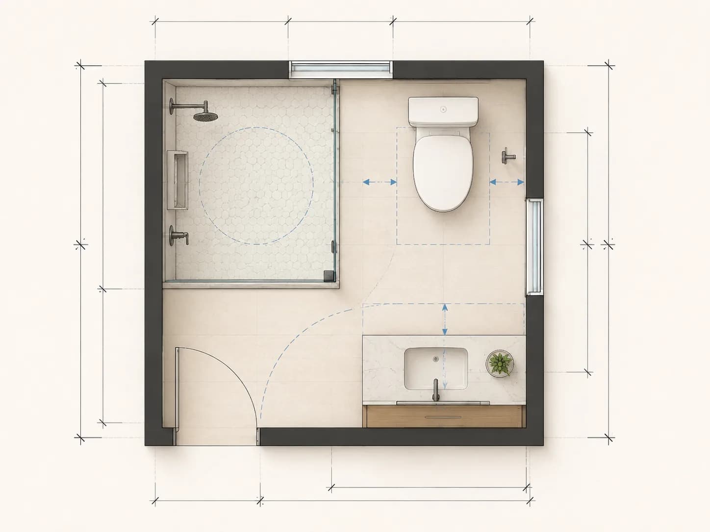 Bathroom plan dimension check for shower clearance, toilet space, vanity depth, door swing, and wet dry circulation.
