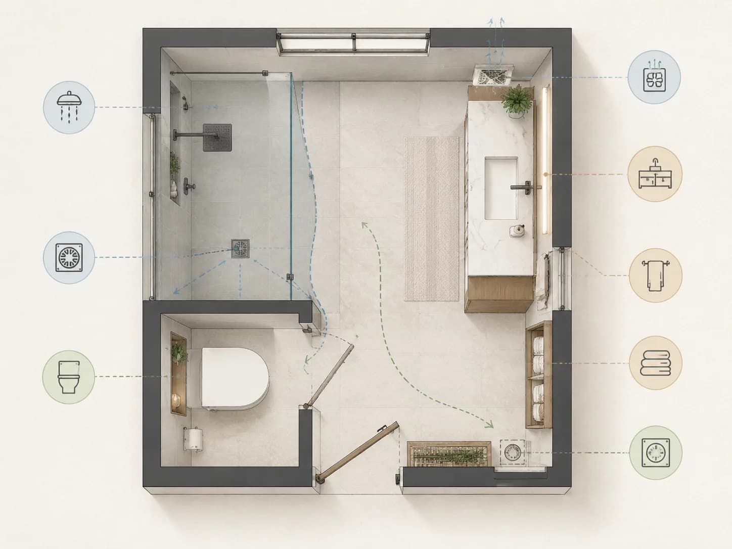 Bathroom layout diagram with wet dry separation, shower zone, vanity wall, toilet area, drainage access, and circulation.