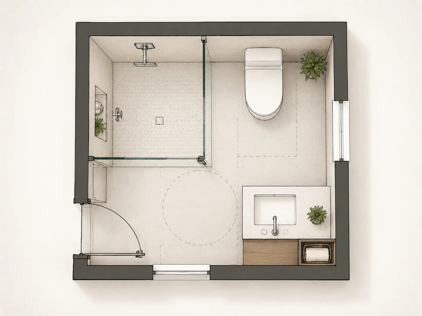 Bathroom layout linework showing shower, toilet, vanity, window, door swing, and fixture clearance.
