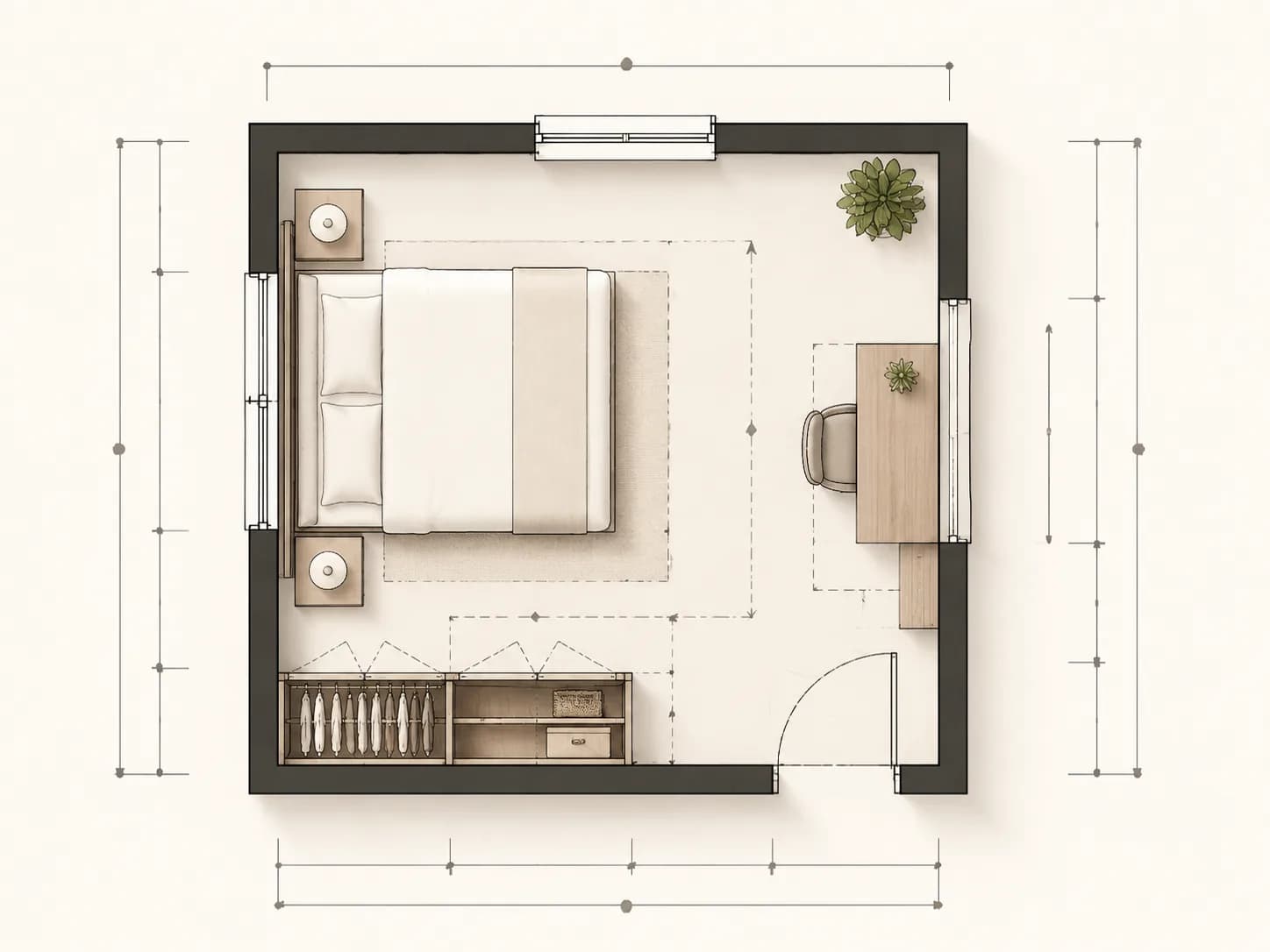 Bedroom floor plan dimension check for walking clearance, wardrobe opening space, desk depth, and door swing.