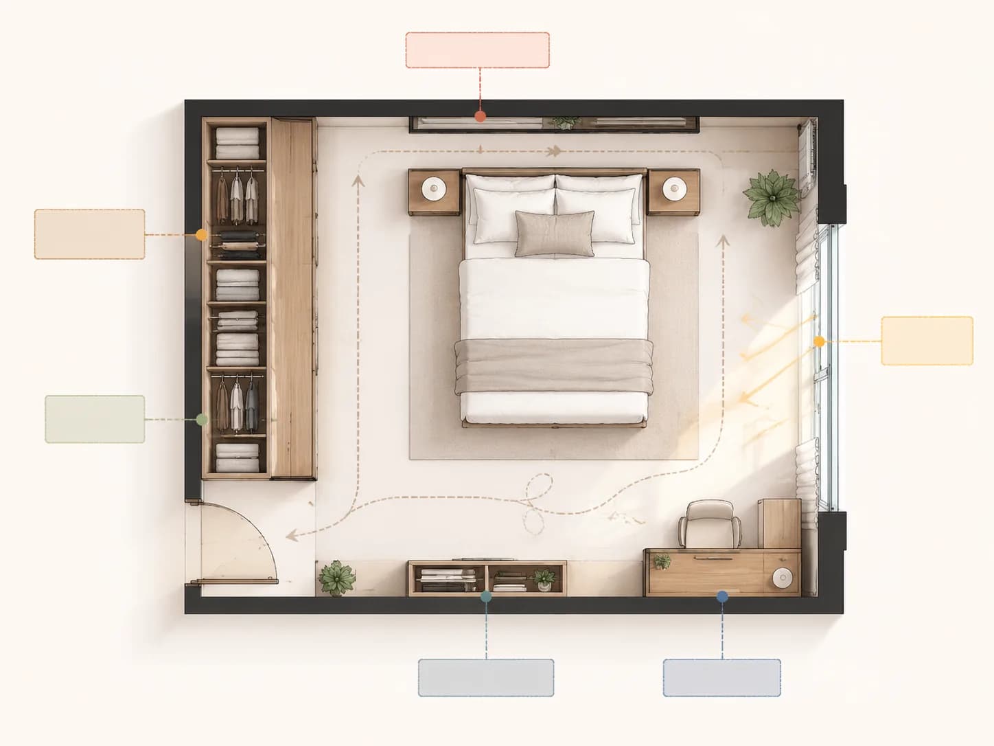 Bedroom layout diagram with labeled storage zones, wardrobe wall, desk corner, bedside access, and circulation.