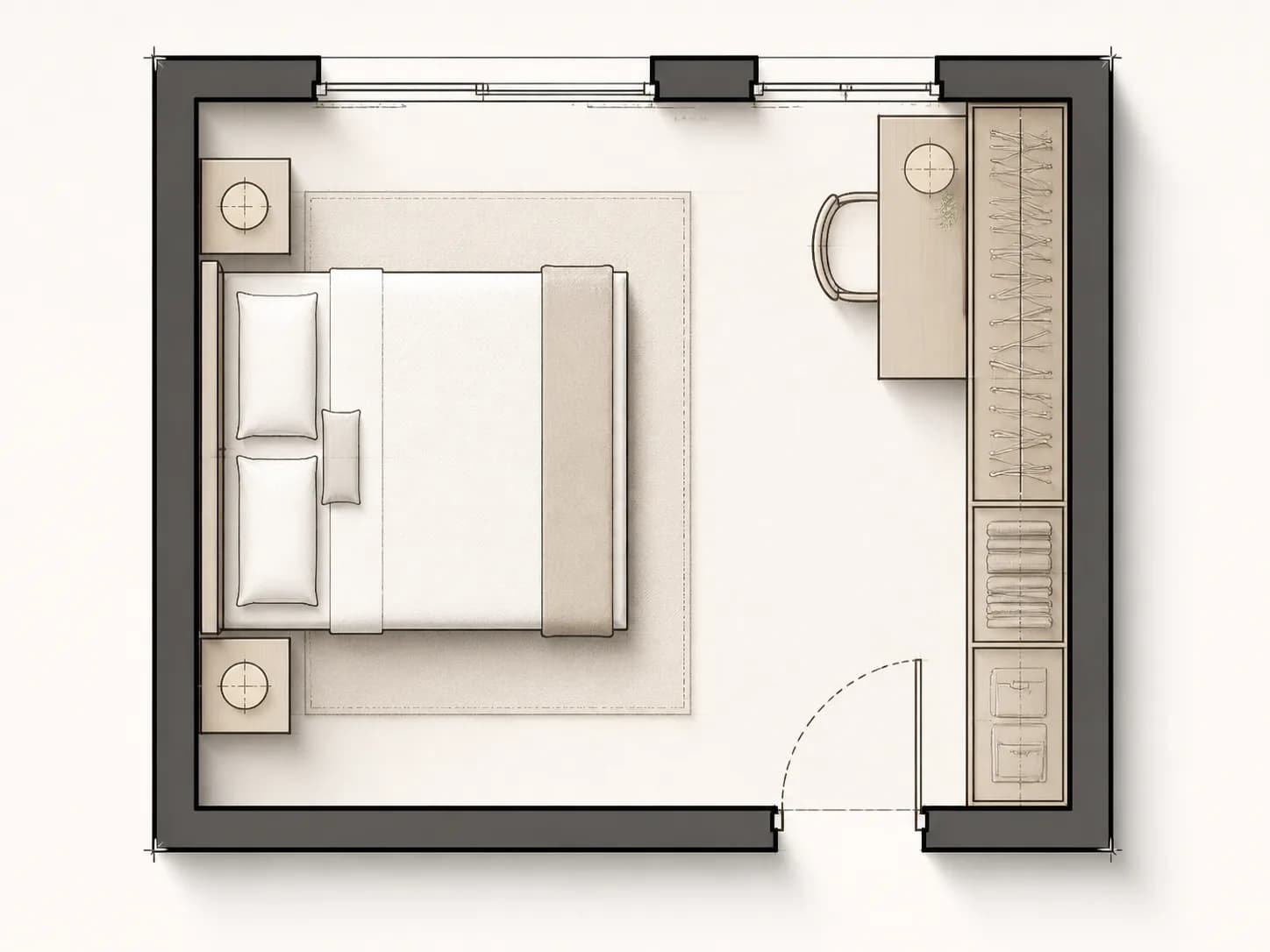 Bedroom plan linework showing bed, wardrobe, desk, nightstands, windows, and door swing.