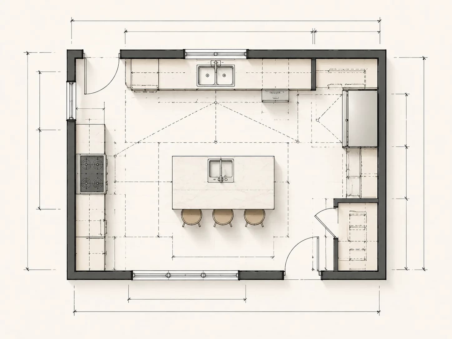 Kitchen plan dimension check for island clearance, cabinet depth, appliance doors, work triangle, and walking paths.