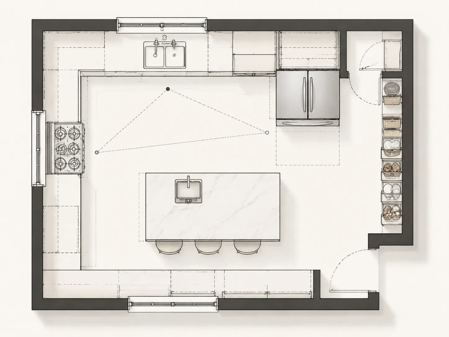 Kitchen floor plan linework showing sink, cooktop, refrigerator, island, cabinet runs, prep zones, and circulation.