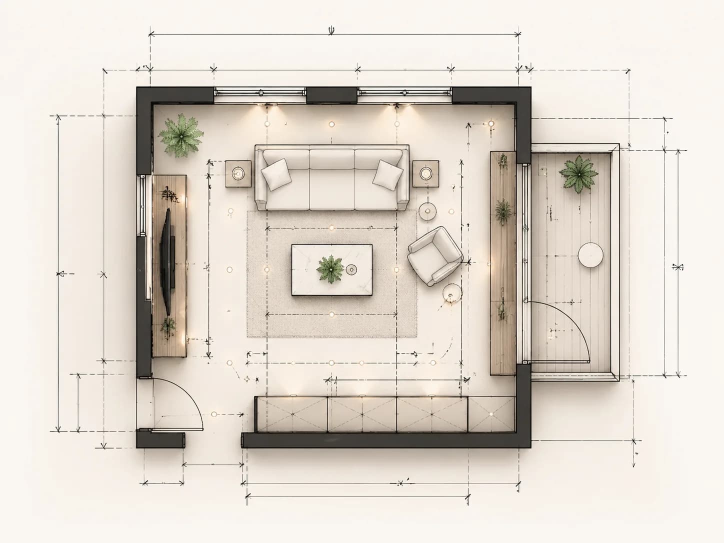 Living room floor plan dimension check for sofa clearance, coffee table spacing, TV wall distance, balcony door swing, and walking paths.