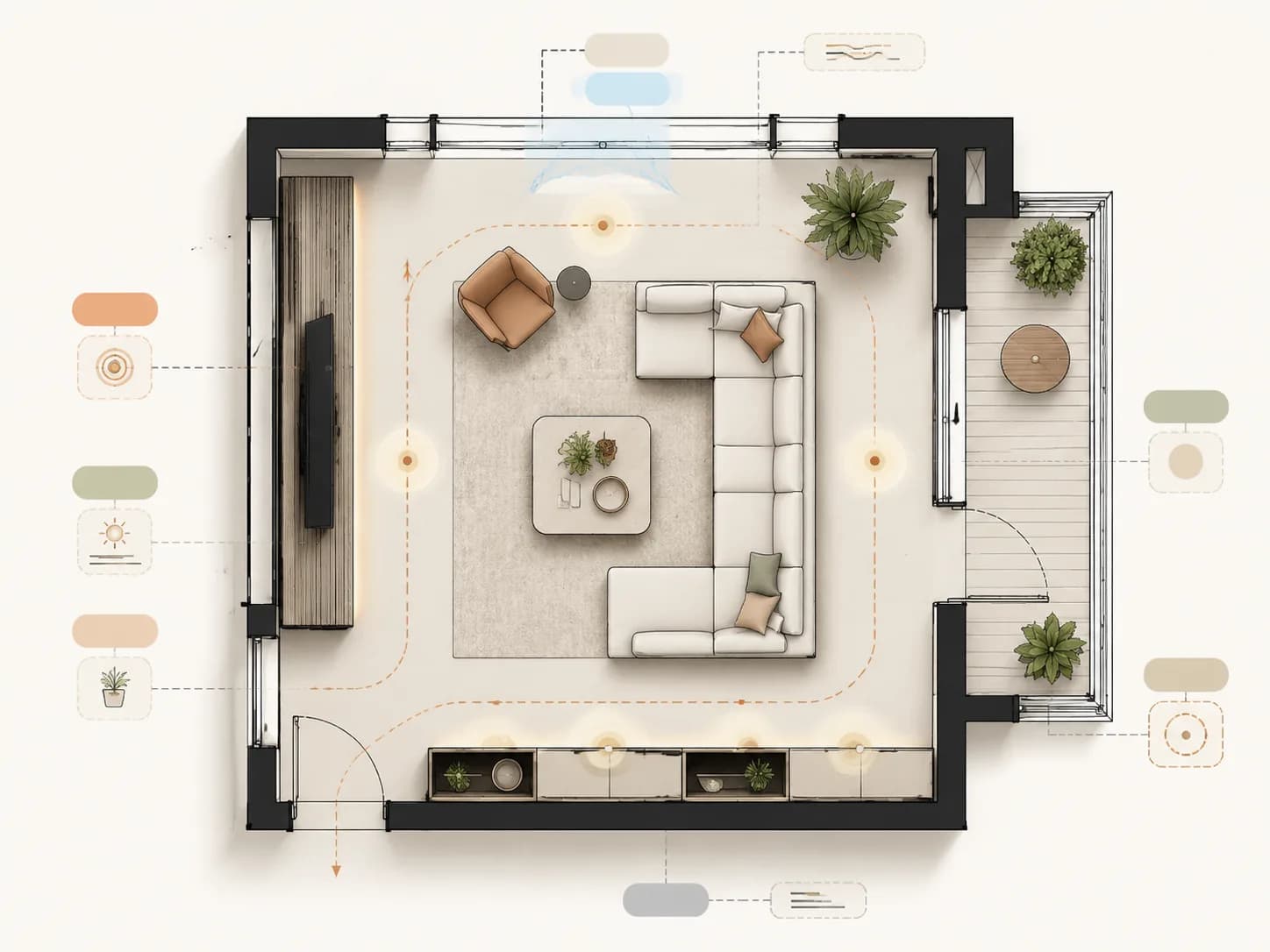 Living room layout diagram with sofa conversation zone, TV wall, window light, balcony access, storage wall, and entry circulation.