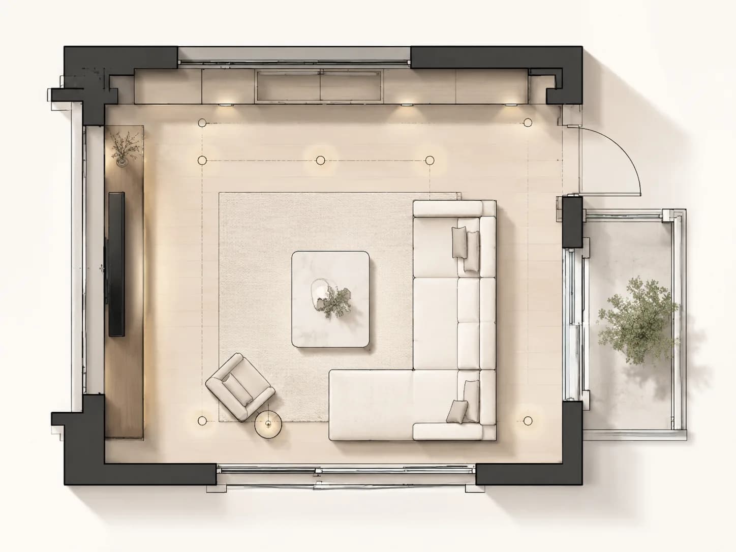 Living room plan linework showing sofa area, TV wall, coffee table, window orientation, balcony door, storage, and circulation.