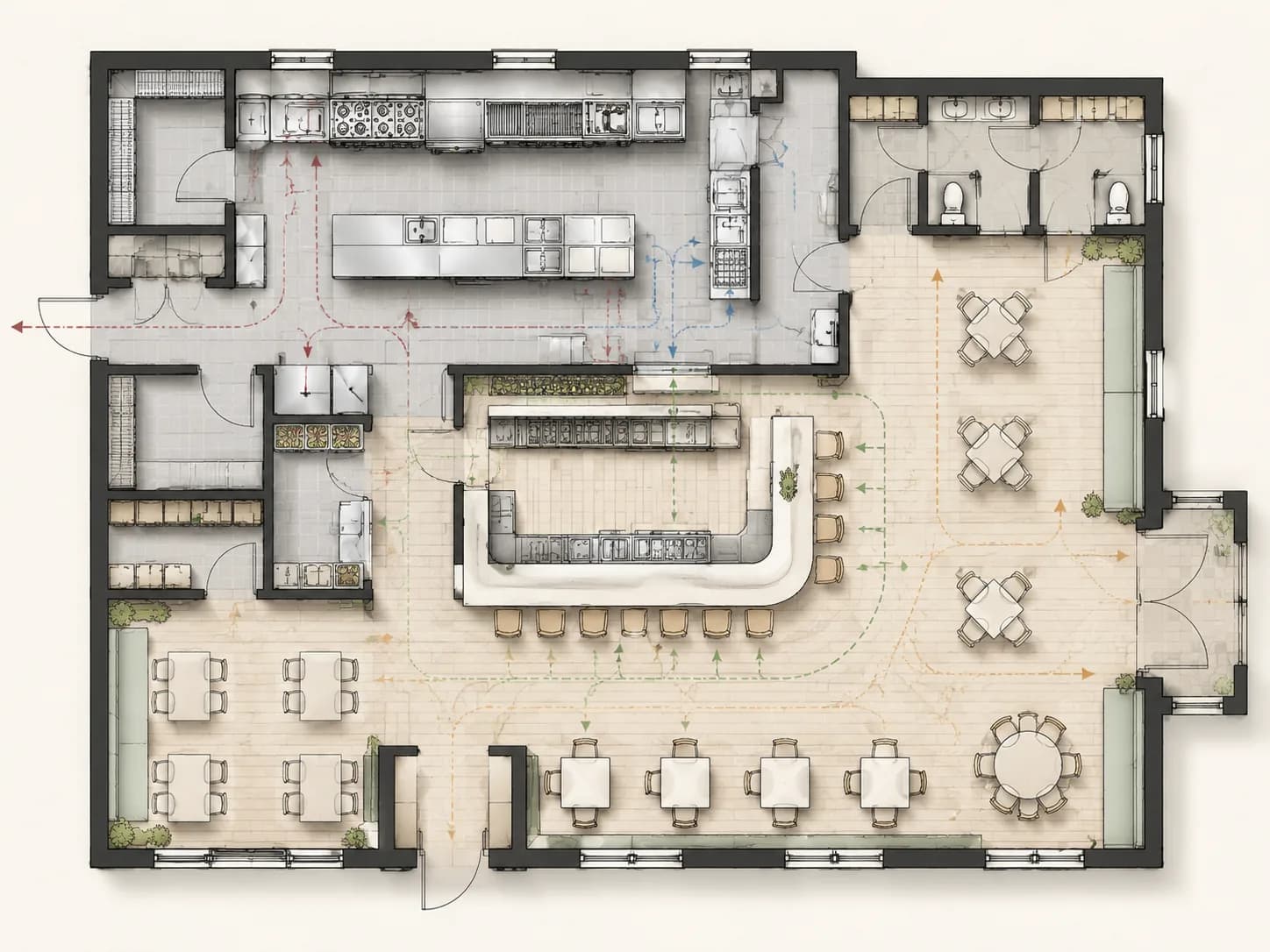 Kitchen and bar service routes