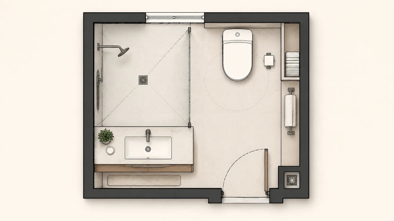Bathroom layout preview with shower, toilet, vanity, wet dry separation, window, door swing, fixture clearance, and drainage access.
