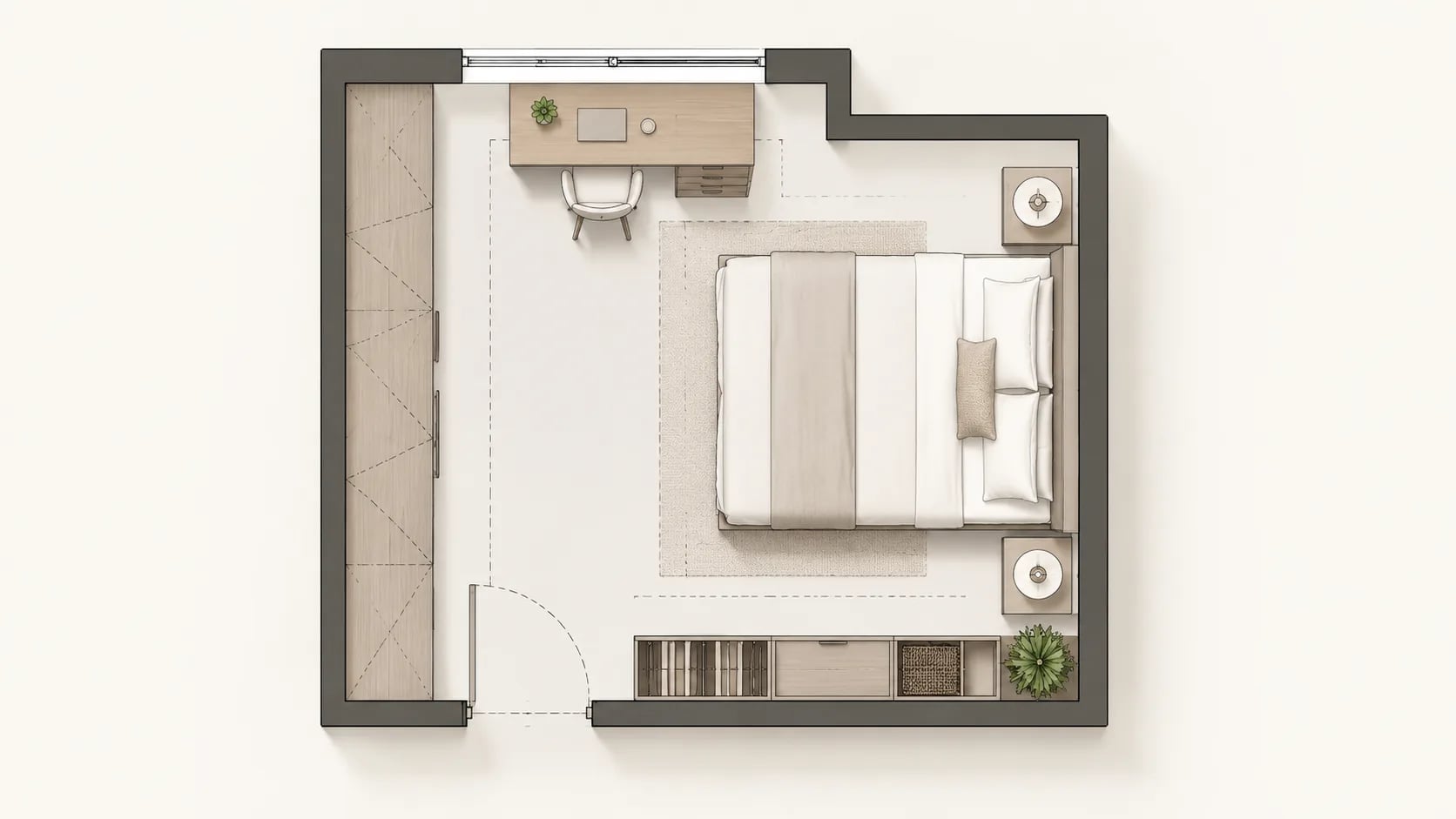 Bedroom floor plan preview with bed placement, wardrobe storage, desk zone, windows, door swing, and walking clearance.