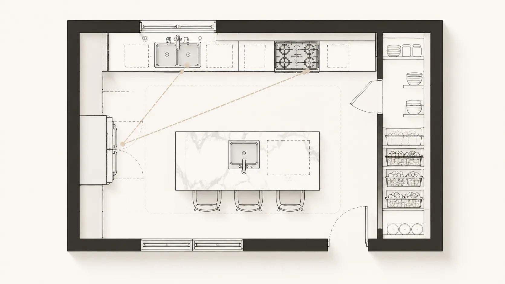 Kitchen floor plan preview with sink, cooktop, refrigerator, work triangle, island, cabinet runs, prep zones, appliance clearance, and circulation.
