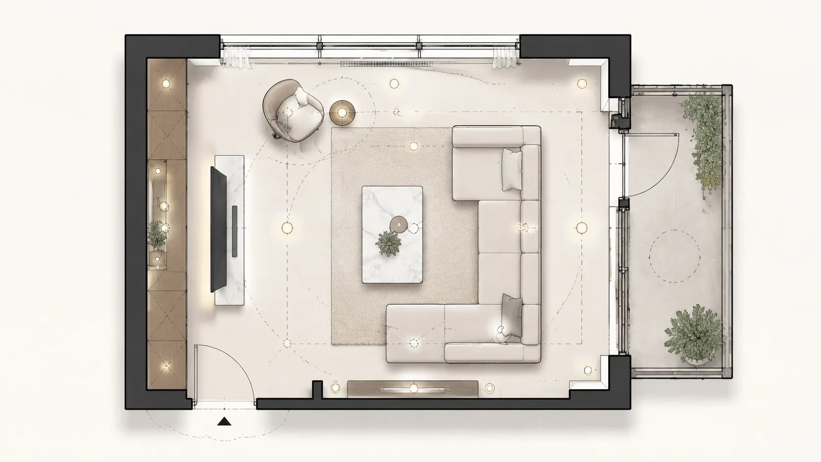 Living room plan preview with sofa area, TV wall, coffee table, window orientation, balcony access, storage, lighting zones, and circulation.