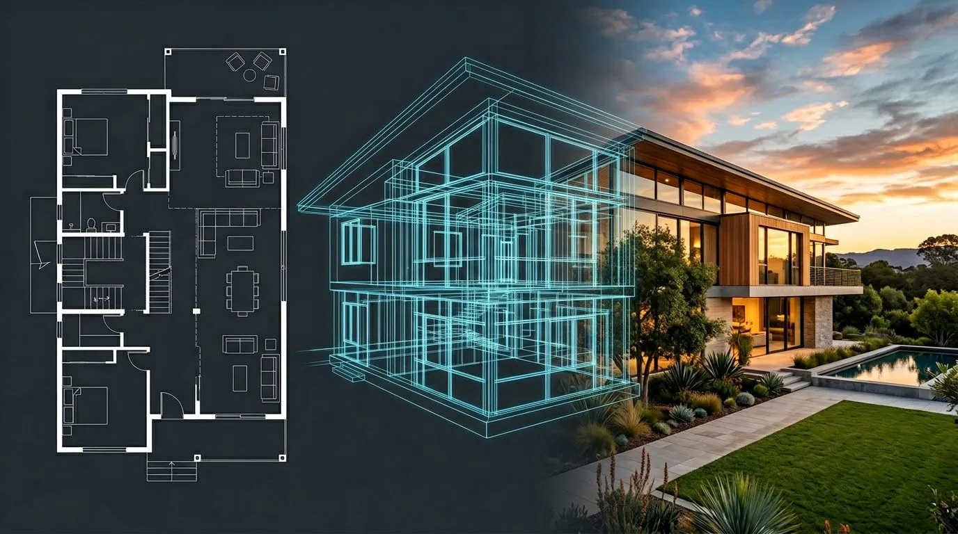 Workflow diagram showing the progression from AI-generated floor plan to building exterior rendering, with intermediate steps of style selection and material specification