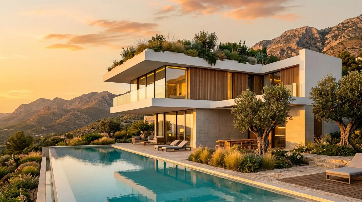 AI-generated photorealistic building exterior rendering showing a contemporary residential structure with glass facades, landscaping, and realistic lighting