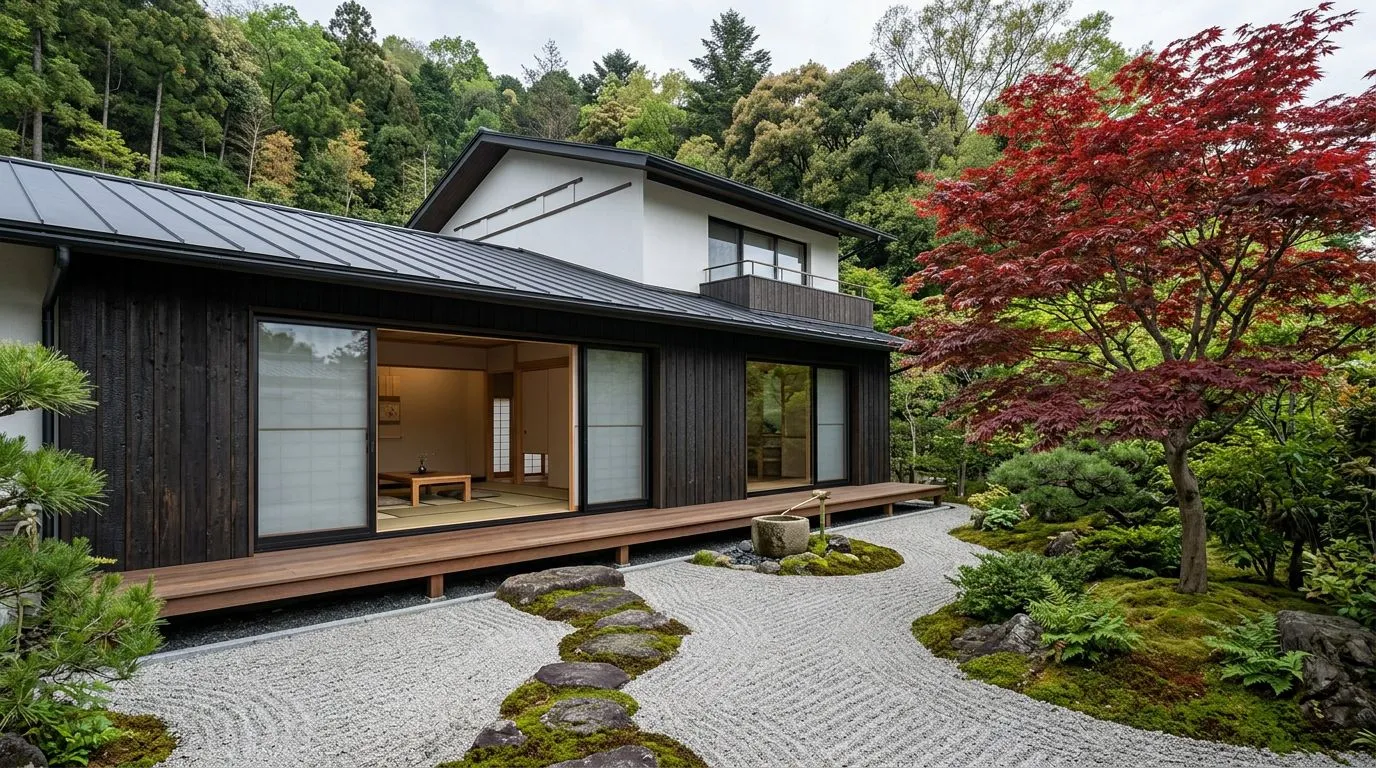 AI-generated Japanese contemporary house exterior featuring deep timber eaves, floor-to-ceiling glass, minimalist landscaping with gravel garden, and clean horizontal lines