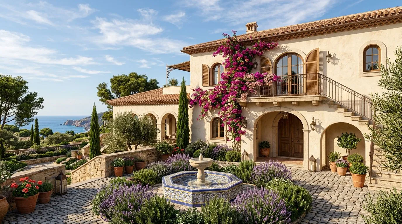 AI-generated Mediterranean villa exterior with terracotta roof tiles, arched windows, stucco walls in warm ochre tones, and lush courtyard landscaping