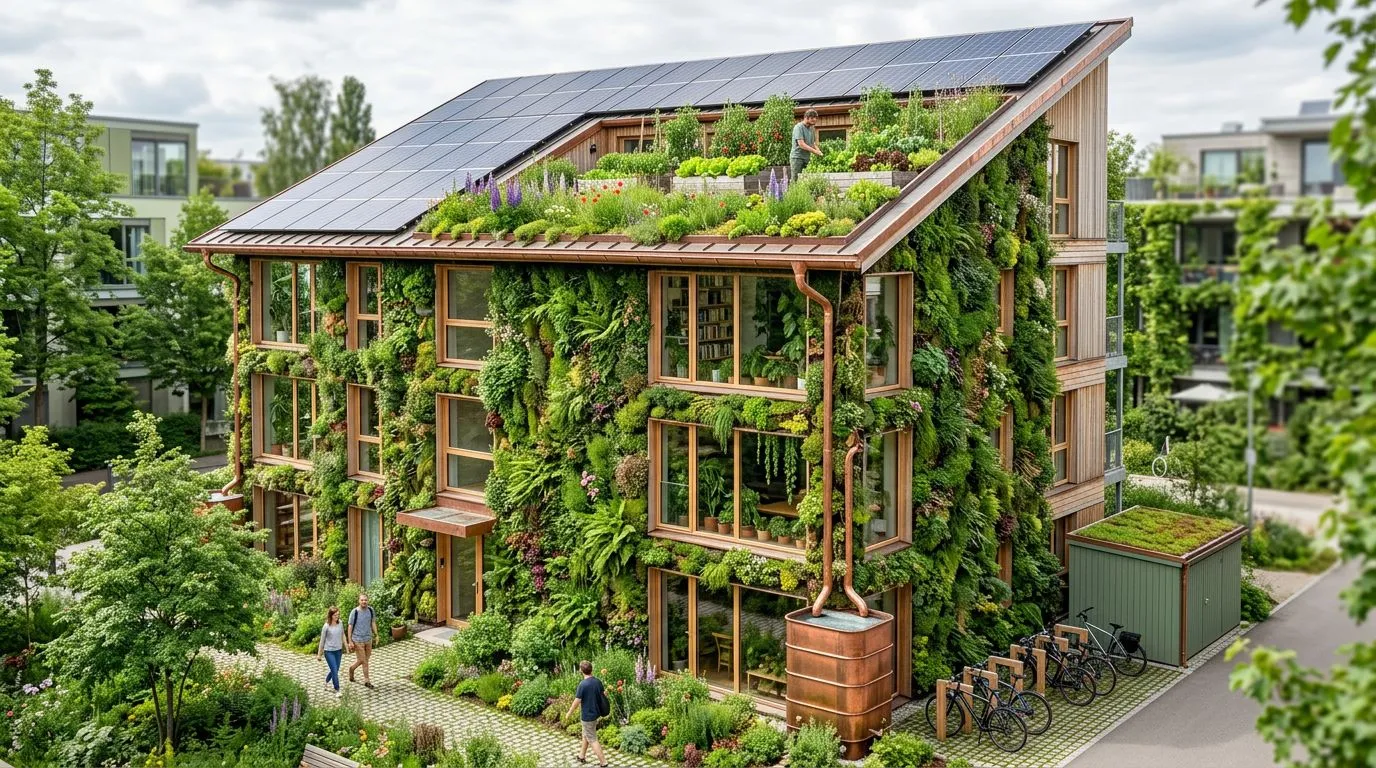 AI-generated sustainable green building exterior with living walls, rooftop gardens, integrated solar panels, and biophilic design elements surrounded by native vegetation