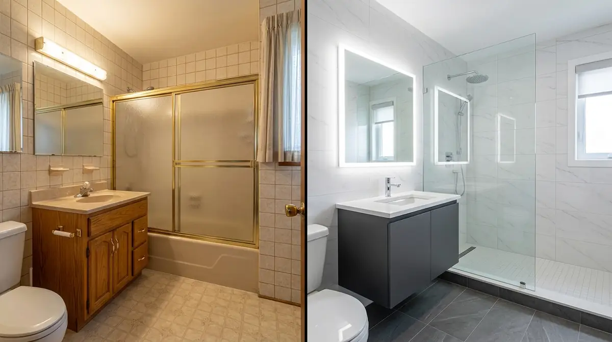 Before and after comparison of a bathroom remodel: left shows a dated bathroom with old tiles and fixtures, right shows the same bathroom transformed with modern large-format tiles, floating vanity, frameless shower glass, and updated lighting