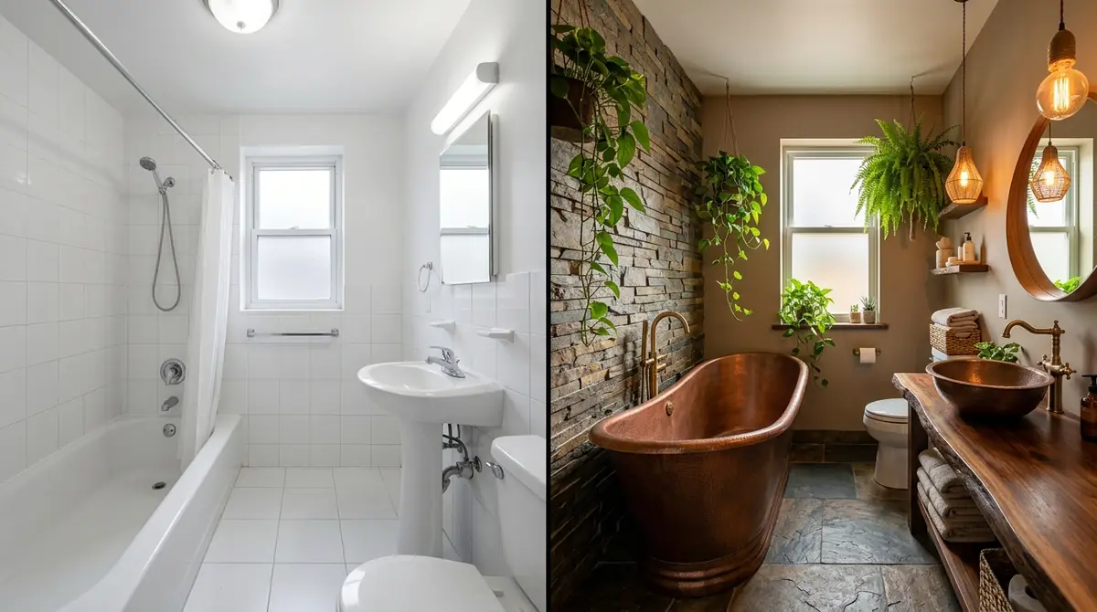 Before and after comparison: left shows a plain white bathroom, right shows the same space transformed into a spa-inspired retreat with natural stone walls, freestanding tub, wooden accents, and warm ambient lighting