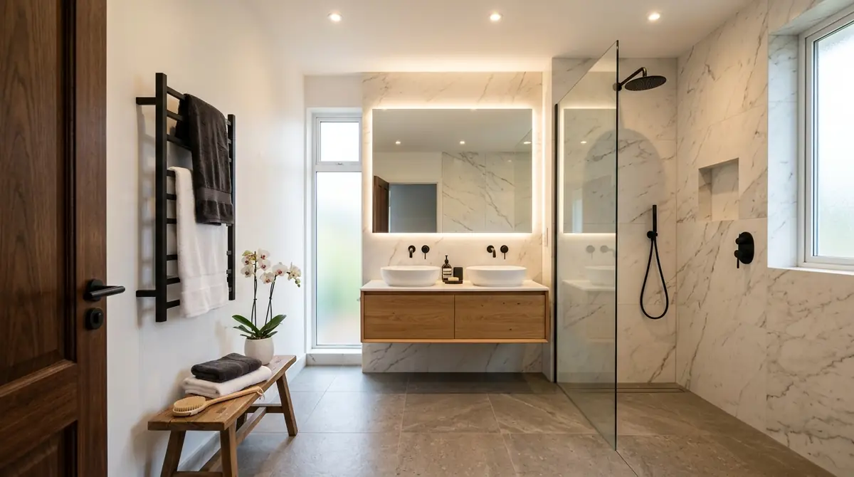 A magazine-quality AI-rendered bathroom showing a complete transformation with cohesive spa-inspired styling, natural stone walls, freestanding tub, rainfall shower, floating vanity, and warm accent lighting