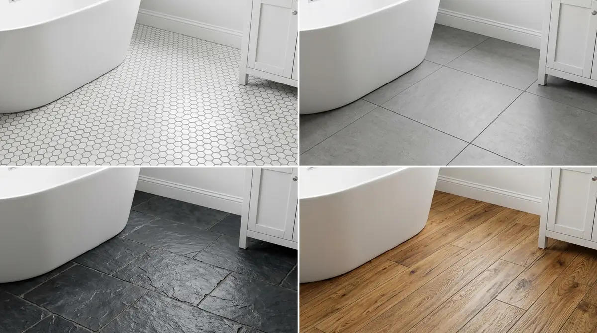 Four-panel comparison showing the same bathroom with four different floor tile options: matte porcelain, hexagonal mosaic, natural stone, and wood-look porcelain plank, each with accurate material textures and realistic perspective