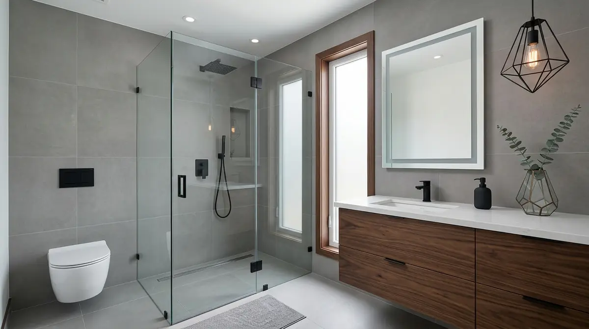 A modern bathroom with floating double vanity, frameless glass shower, large-format gray porcelain wall tiles, matte black fixtures, and recessed LED lighting creating a clean contemporary aesthetic