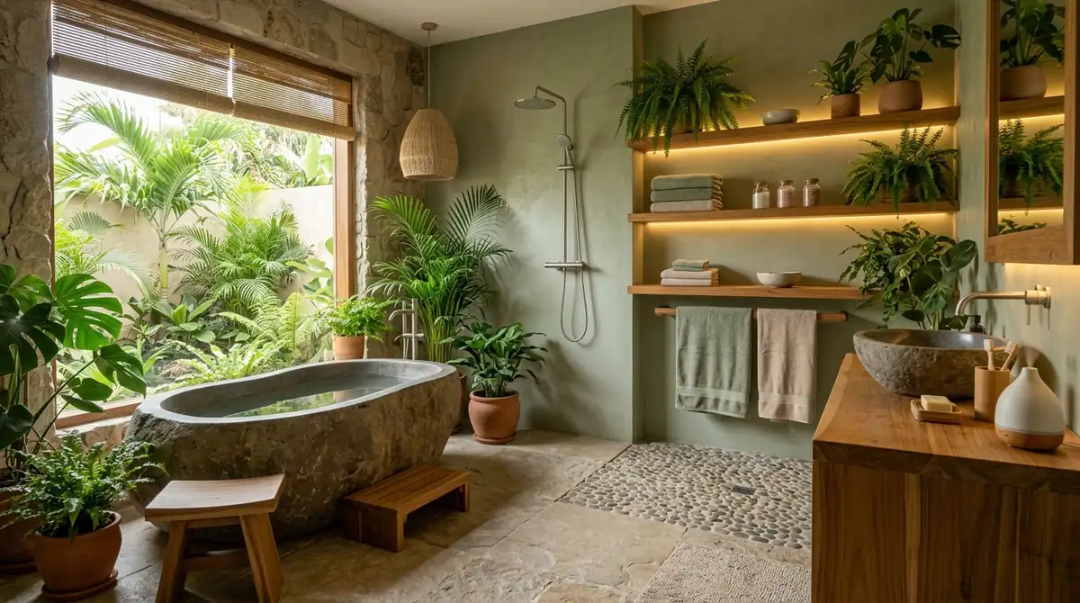A spa-inspired bathroom with freestanding oval soaking tub, natural stone accent wall, rainfall shower with wooden bench, live plants, soft warm lighting, and organic linen textiles creating a tranquil retreat atmosphere