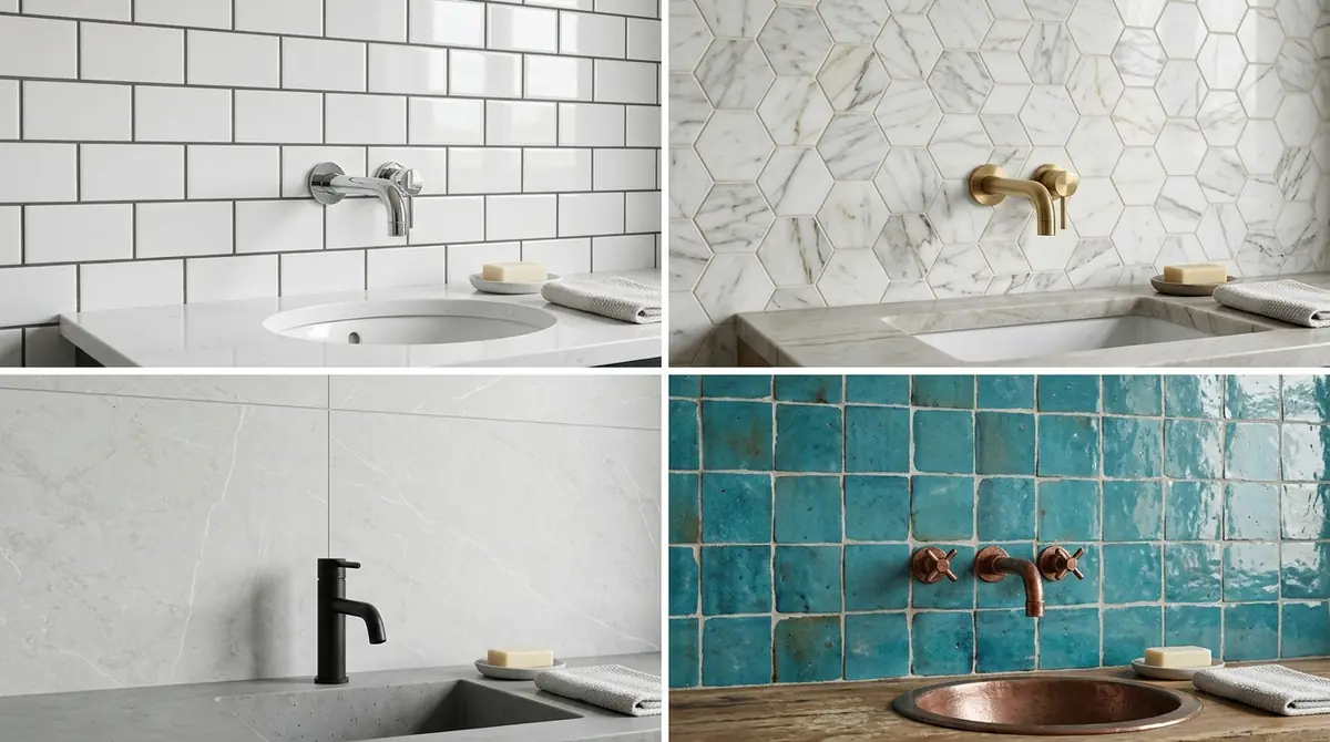 Four-panel comparison showing the same bathroom with four different wall tile options: classic white subway tile, decorative mosaic pattern, large-format marble-look porcelain, and handmade zellige tile with organic texture