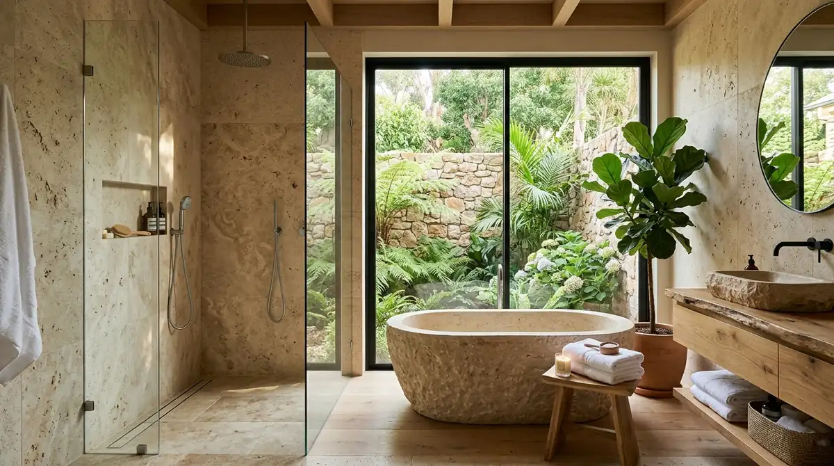 A luxurious modern bathroom with freestanding soaking tub, walk-in glass shower, marble wall tiles, warm ambient lighting, and double vanity in a spacious spa-like setting with professional architectural photography quality