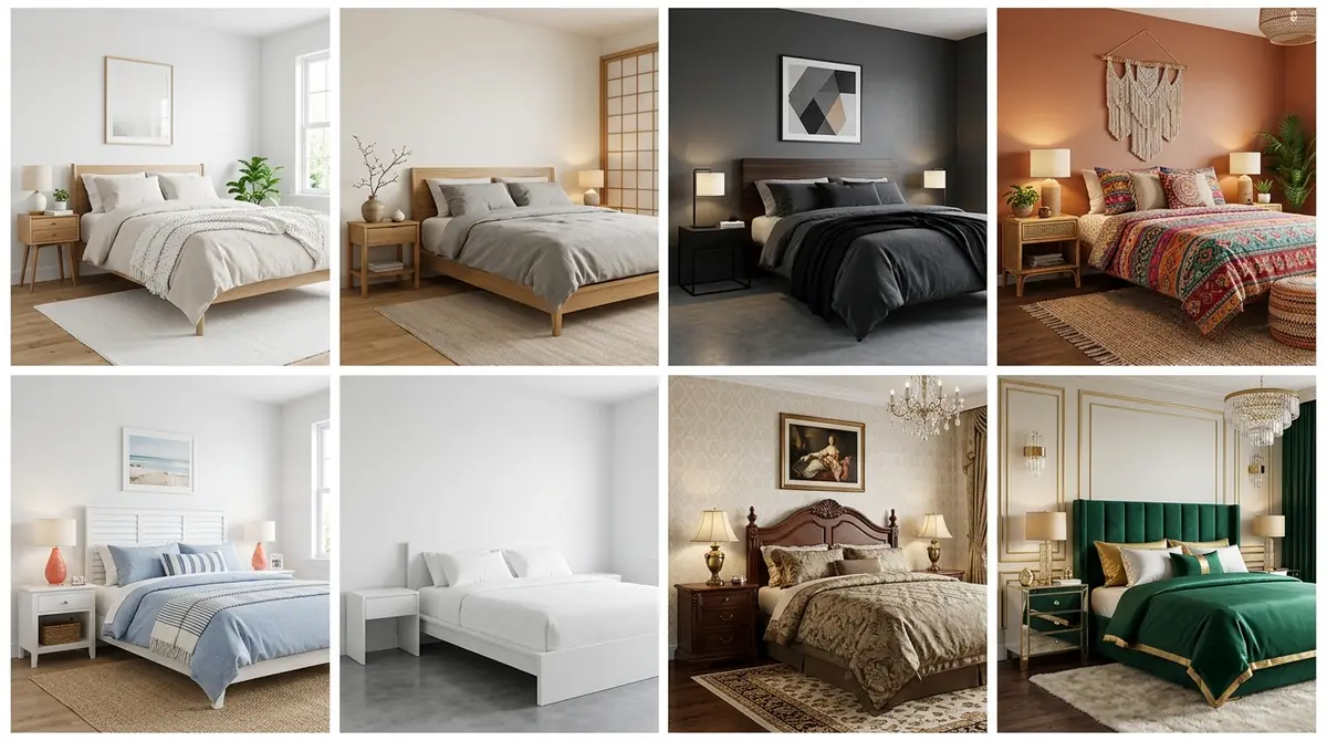 Eight-panel gallery showing the same bedroom rendered in eight different design styles: Scandinavian, Japandi, Modern, Bohemian, Coastal, Minimalist, Traditional, and Luxury, each with distinct color palettes and furniture