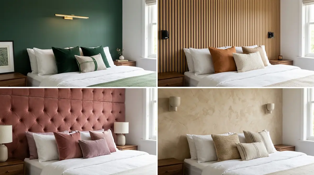 Four-panel comparison showing the same bedroom with four different headboard accent wall treatments: wood panel slats, textured stone, dark paint with molding, and fabric upholstered wall panel