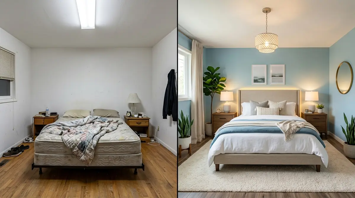 A dramatic before and after comparison of a bedroom makeover: the left shows a plain, dated bedroom, and the right shows the same room transformed into a serene modern bedroom with soft blue walls, an upholstered bed, and layered lighting