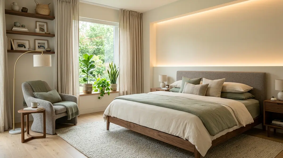 A beautifully completed AI-rendered bedroom design showing a cohesive modern bedroom with soft blue-gray walls, an upholstered platform bed, layered warm lighting, natural wood nightstands, and linen curtains