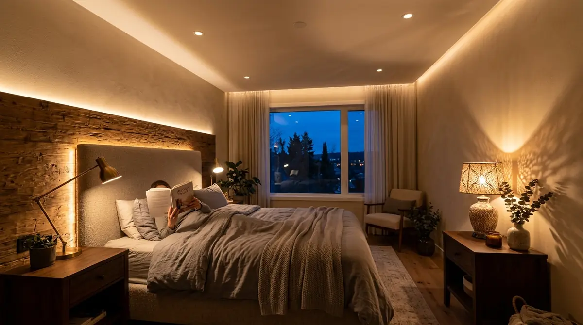 A bedroom showing three distinct lighting layers: soft ambient ceiling light, focused task lighting on the bedside tables for reading, and warm accent lighting behind the headboard and along the floor