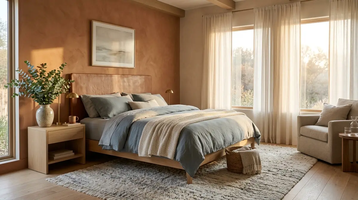 A serene modern bedroom with soft blue walls, a plush upholstered bed with white linens, layered ambient lighting, and floor-to-ceiling windows with sheer curtains in warm evening light
