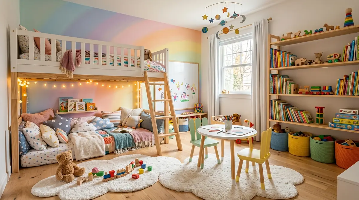 A cheerful and well-organized children's bedroom with a colorful but harmonious palette, a low bed with safety rails, open toy storage at child height, soft area rug, and whimsical wall art