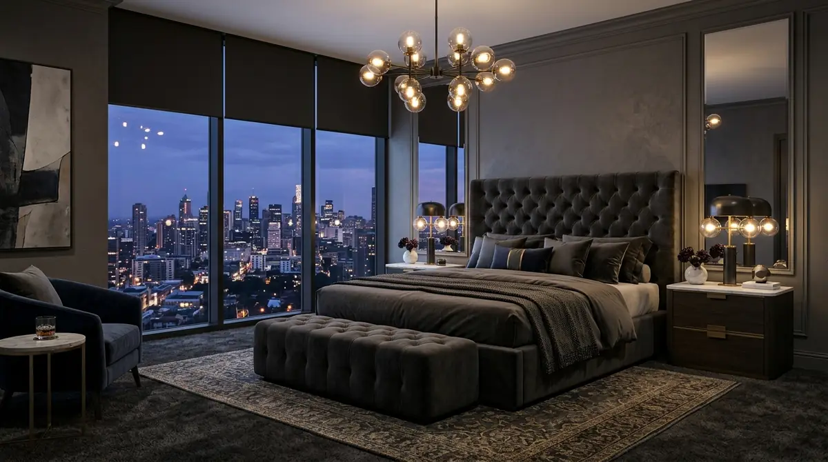 A spacious modern master bedroom with a king-size upholstered bed, matching nightstands with symmetrical pendant lights, a sitting area with accent chairs, and floor-to-ceiling windows with sheer drapes