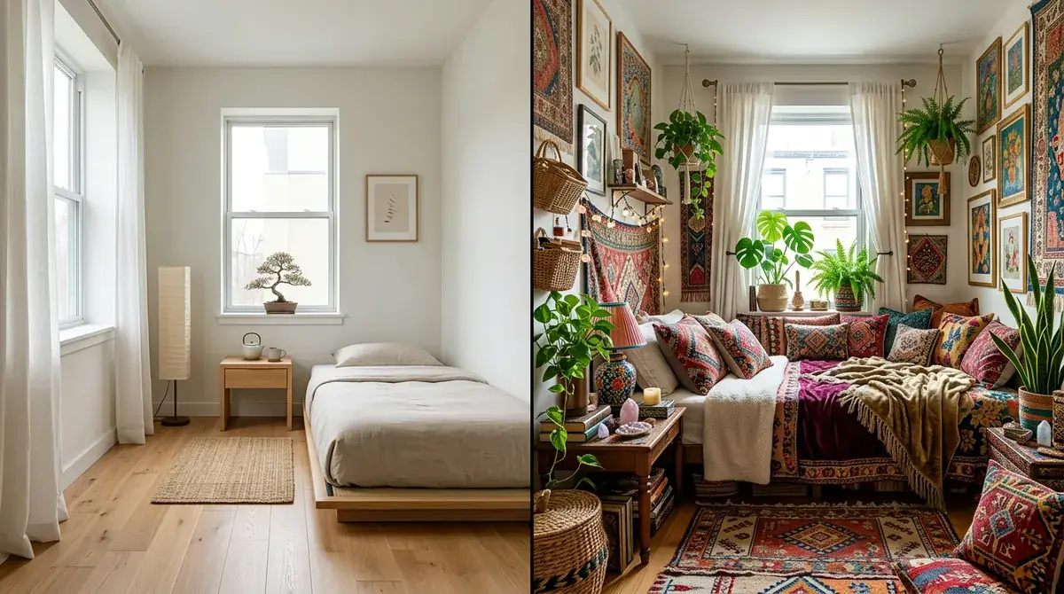 Side-by-side comparison of the same small room in two styles: left in minimalist style with light colors and sparse furniture, right in a maximalist style with rich colors and abundant decor, showing the dramatic difference in perceived space