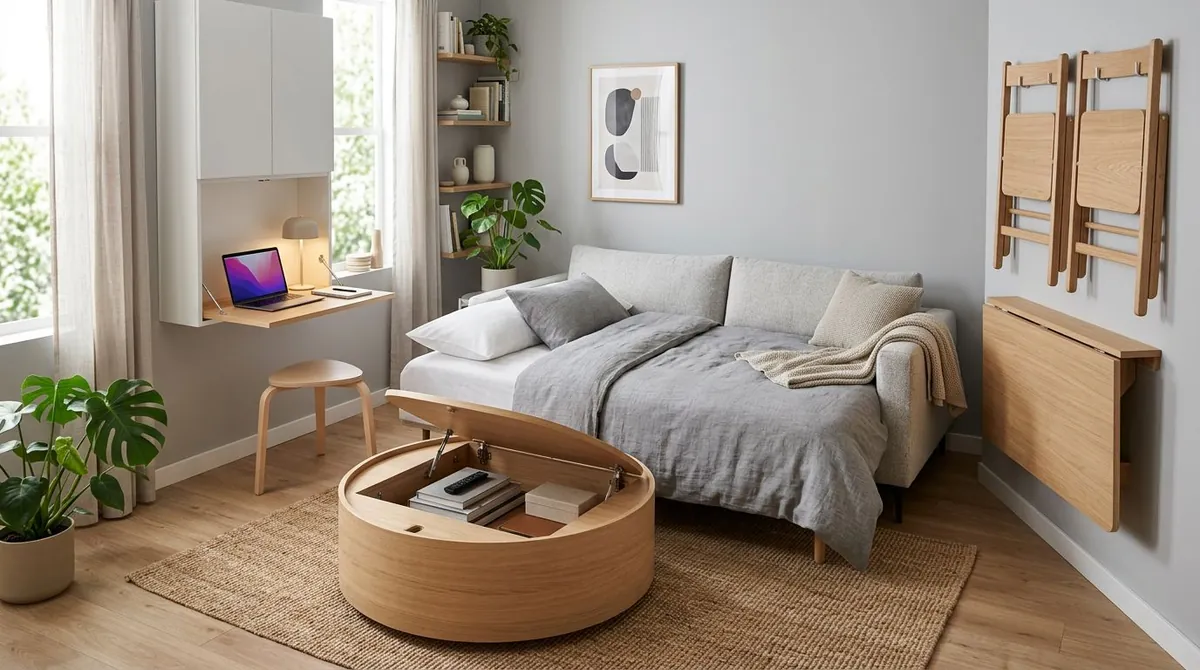 A showcase of multifunctional furniture in a small apartment: a sofa bed in both configurations, a fold-down wall desk, and a storage ottoman that doubles as seating