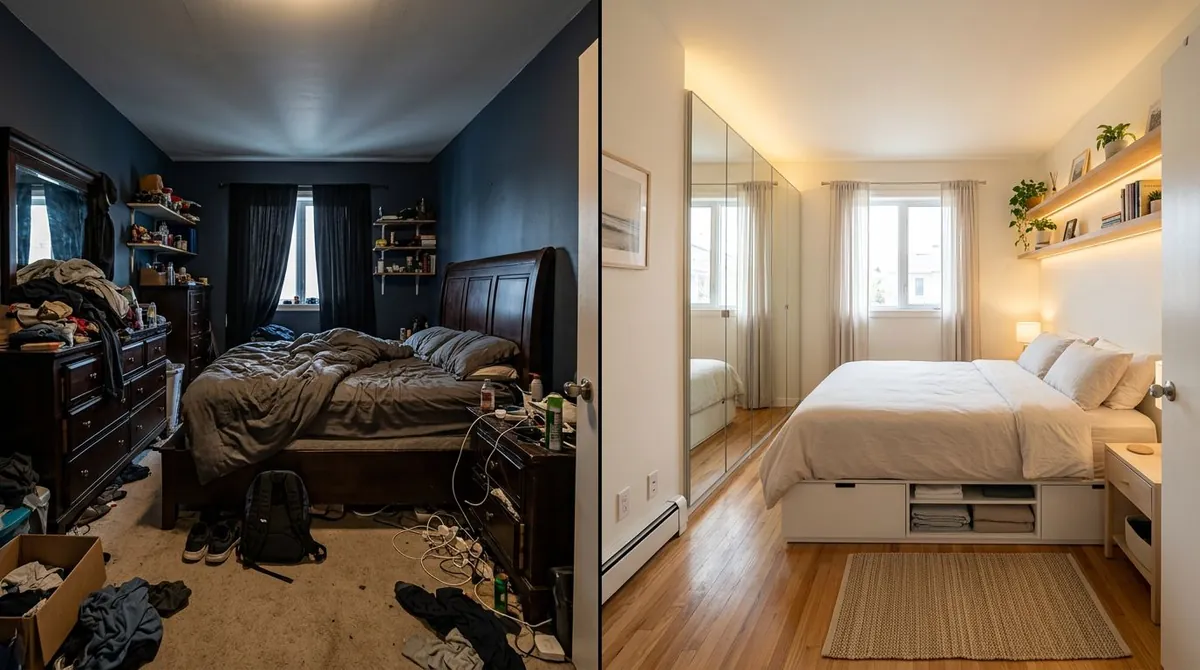 Before and after of a small bedroom: left shows a cramped room with oversized dark furniture, right shows the same room redesigned with light colors, a low platform bed, wall-mounted shelves, and bright natural feeling