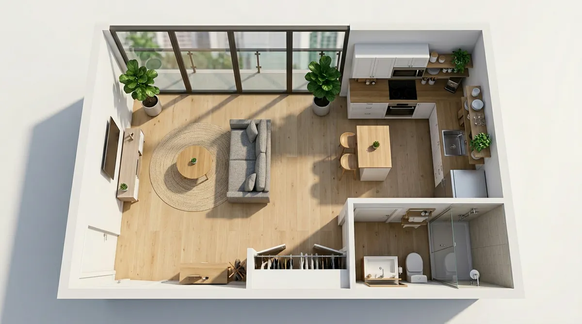 An AI-generated studio apartment floor plan showing an open-concept layout with living area flowing into kitchen, sleeping nook defined by furniture placement, and efficient bathroom placement