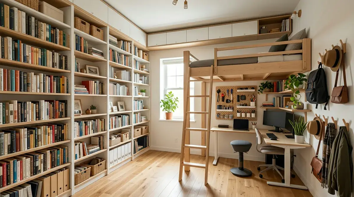 A small room showcasing vertical storage solutions: floor-to-ceiling bookshelves, wall-mounted kitchen storage, floating shelves above the desk, and a tall narrow cabinet in an unused corner