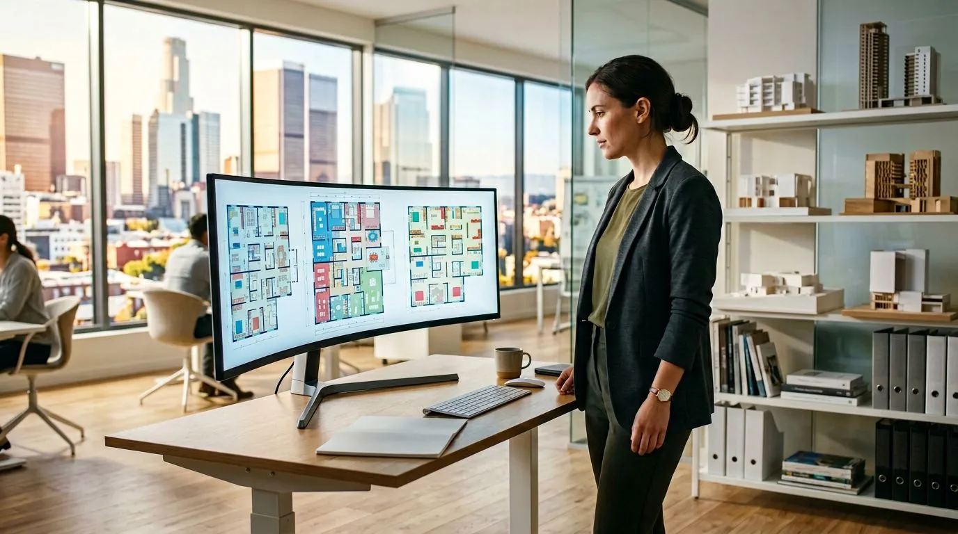 Architect at a desk reviewing multiple AI-generated floor plan alternatives on a large display monitor