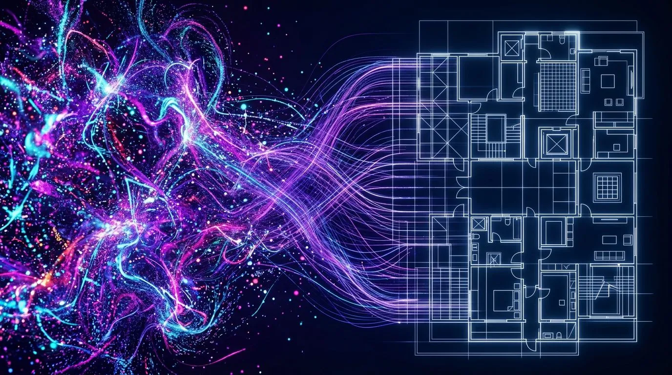 Abstract visualization of a diffusion model denoising process transforming random noise into a structured floor plan layout