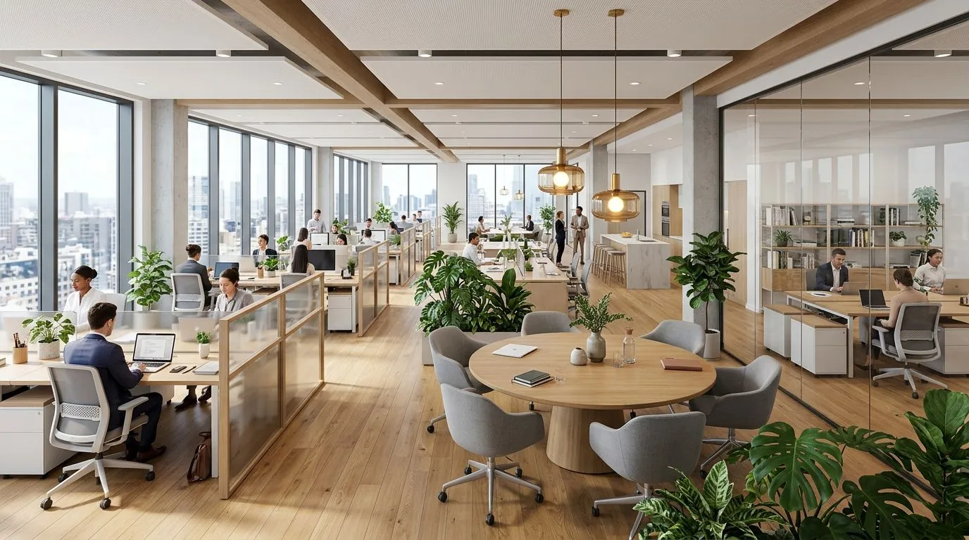 AI-generated open-plan office floor layout showing workstations, meeting rooms, and collaboration areas