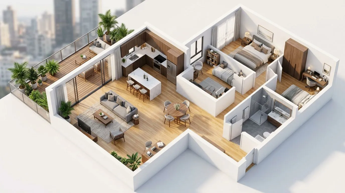 3D visualization of an AI-generated residential floor plan with furniture placement and room labels