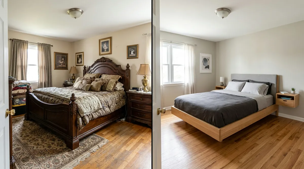 Before and after bed replacement: left shows a traditional wooden bed with ornate headboard, right shows the same bedroom with a low-profile upholstered platform bed in neutral tones