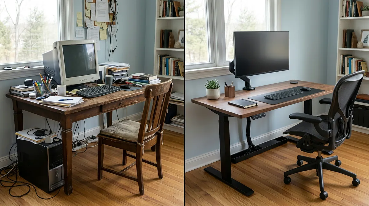 Before and after desk replacement: left shows an old bulky wooden desk, right shows the same home office with a clean modern white desk with slim metal legs