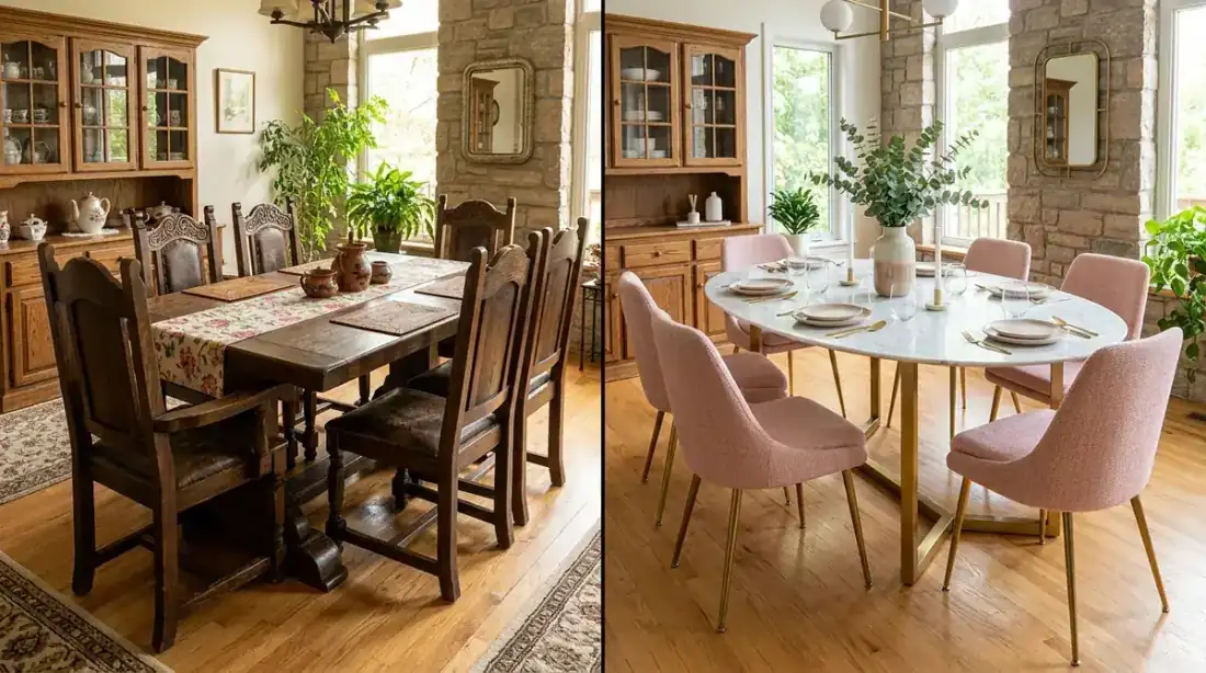 Before and after dining table replacement: left shows a worn wooden dining table, right shows the same dining area with an elegant white marble dining table and modern chairs