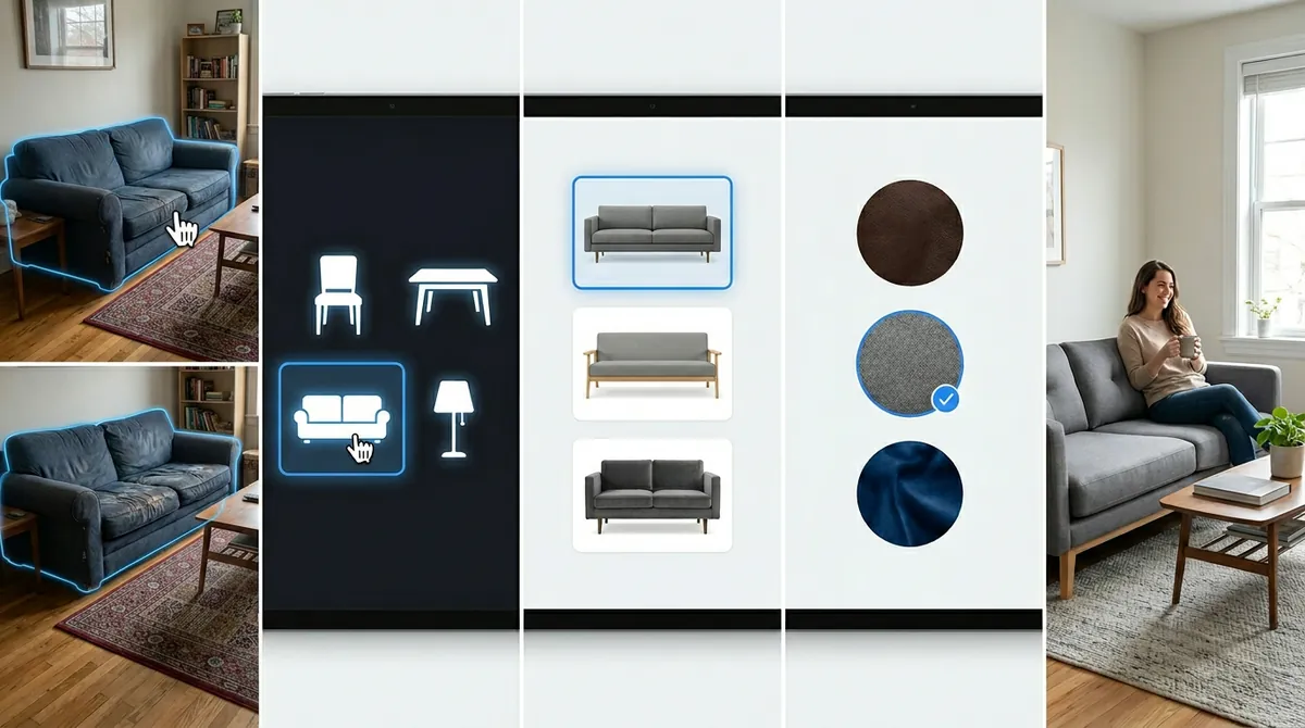 Five-panel workflow showing the furniture replacement process: upload room photo, select furniture type, choose style, pick material and color, and see the AI-generated result with new furniture in place